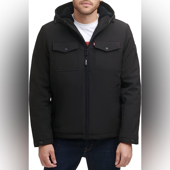 EUC Levi's Men’s Softshell Sherpa-lined Black Hooded Performance Jacket Sz XXL - Picture 1 of 15